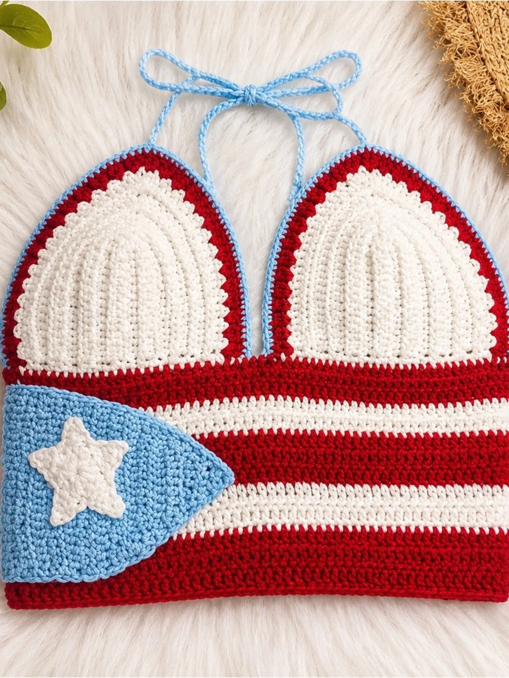Hand-Crocheted Puerto Rico  Flag Crop Top - Red White Blue
